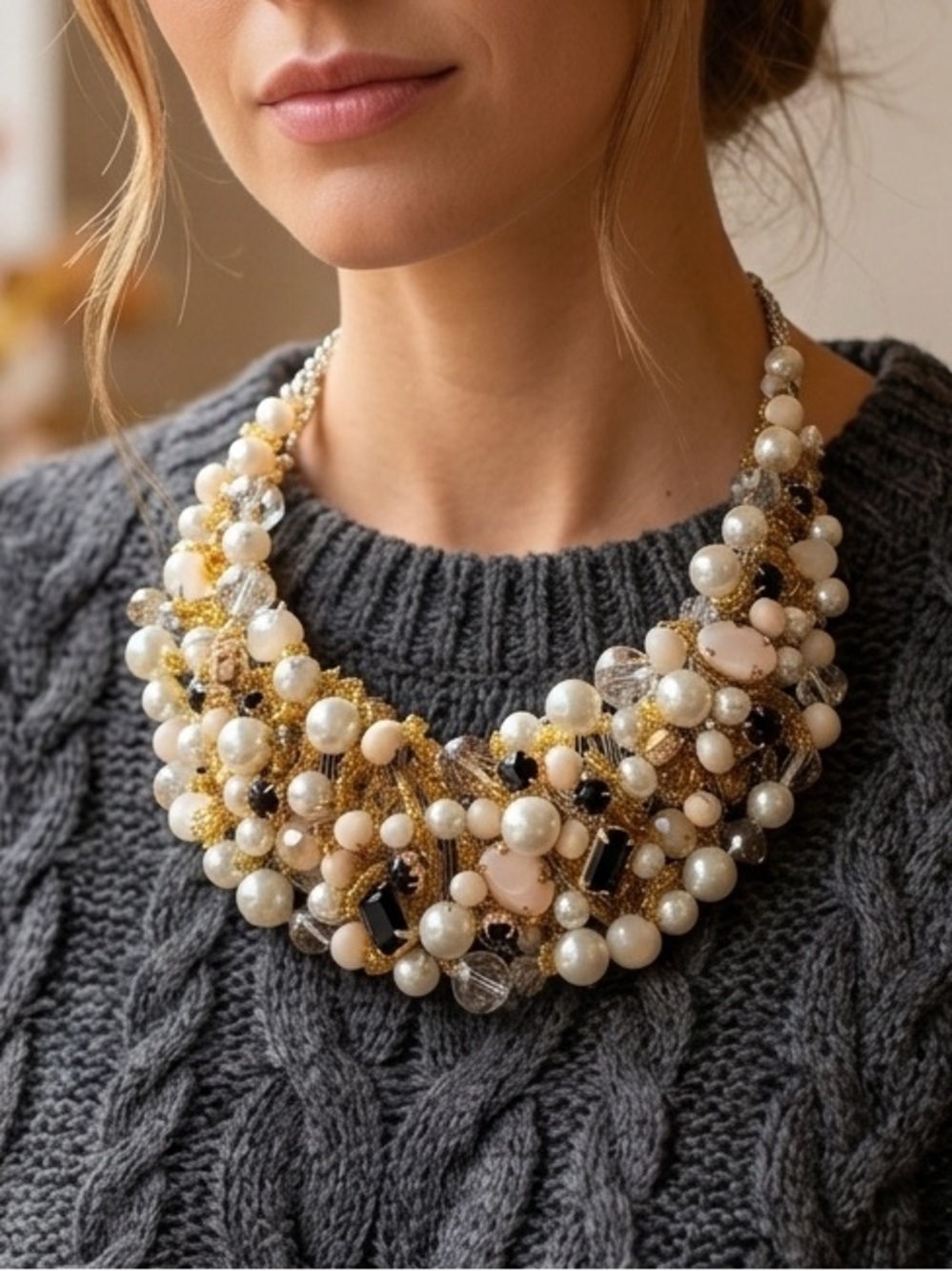 Aldo Arvan Beaded Bib Statement Necklace White Pearl Champagne Crystals